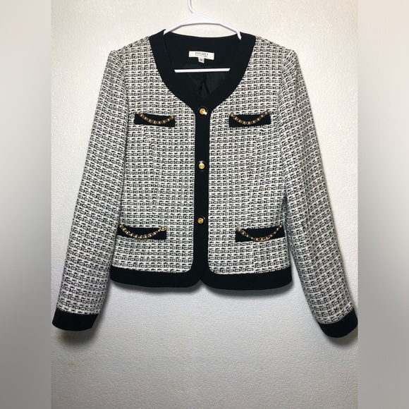 BIGIO Black and White Tweed Jacket with Gold Accents Size 6 and skirt - Picture 1 of 13